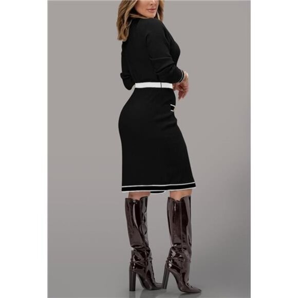 Black Sexy Button Down Midi Sweater Dress V-Neck Colorblock Knit Sweater‎ Dress - Picture 4 of 6